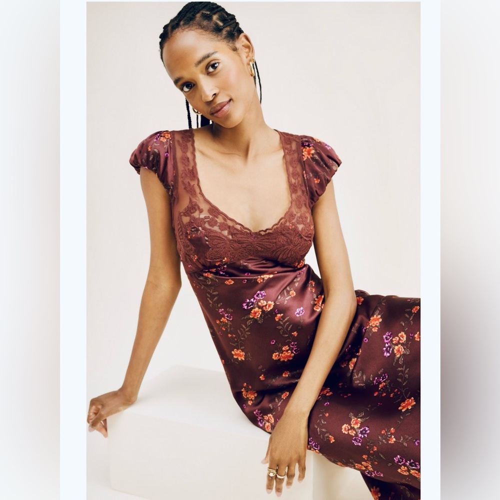 Free People Burgundy Floral Backless Satin Slip Dress - Picture 8 of 16